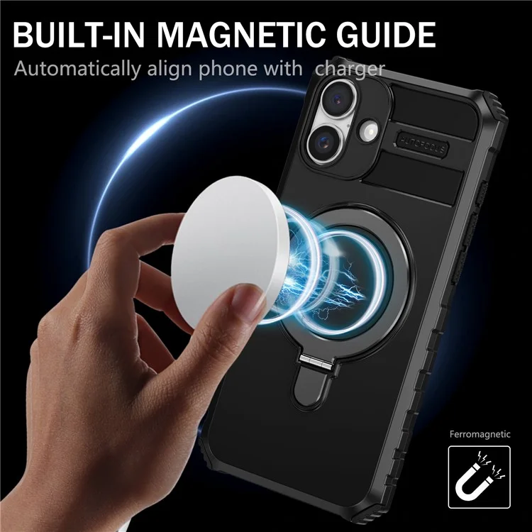 Para iPhone 16 Plus Magnetic Case PC+TPU Anti-Scratch Phone Cover with Ring Holder - Preto