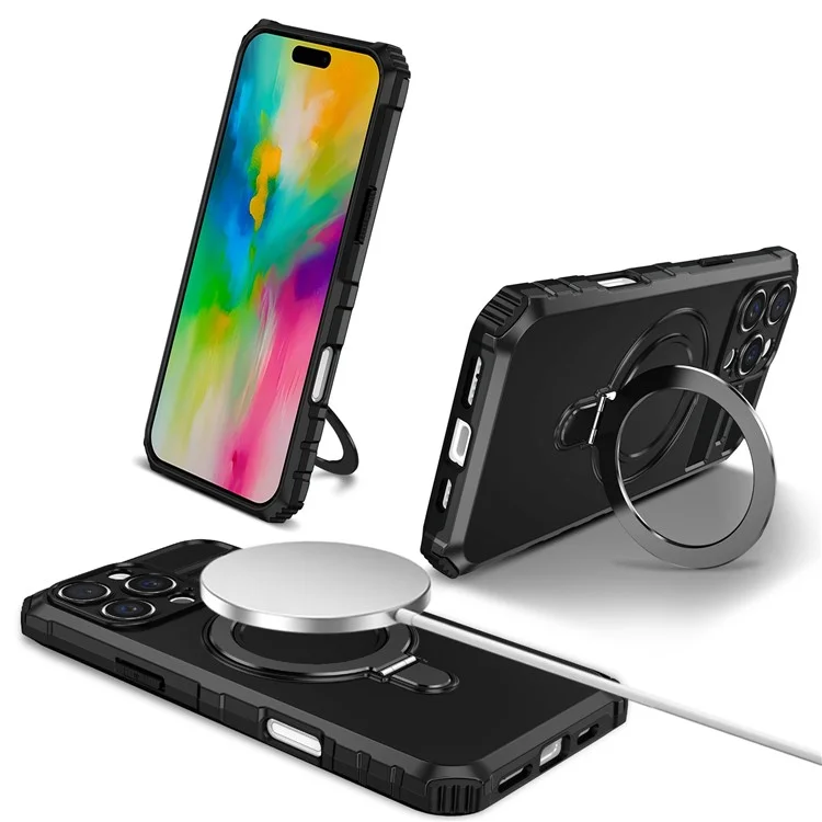For iPhone 16 Pro Max Magnetic Case Ring Kickstand PC+TPU Drop-Proof Protective Cover - Black