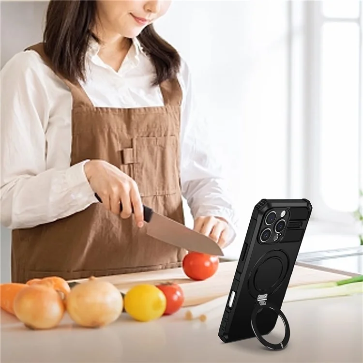 For iPhone 16 Pro Max Magnetic Case Ring Kickstand PC+TPU Drop-Proof Protective Cover - Black