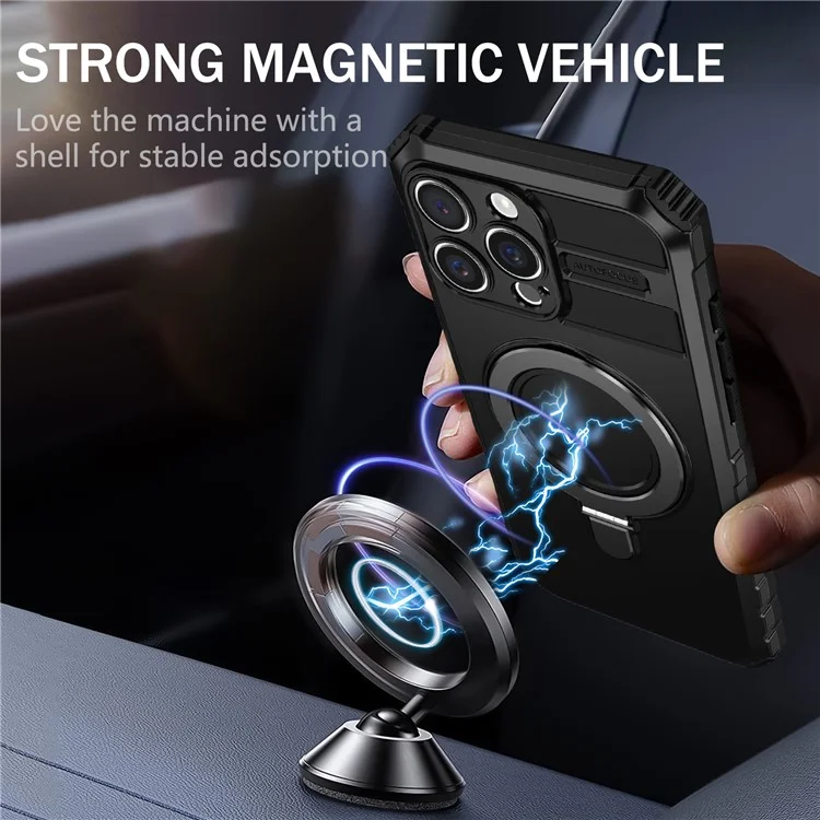 For iPhone 16 Pro Max Magnetic Case Ring Kickstand PC+TPU Drop-Proof Protective Cover - Black
