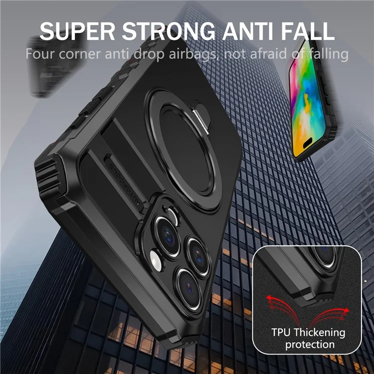 For iPhone 16 Pro Max Magnetic Case Ring Kickstand PC+TPU Drop-Proof Protective Cover - Black