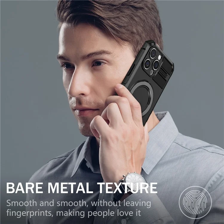 For iPhone 16 Pro Max Magnetic Case Ring Kickstand PC+TPU Drop-Proof Protective Cover - Black