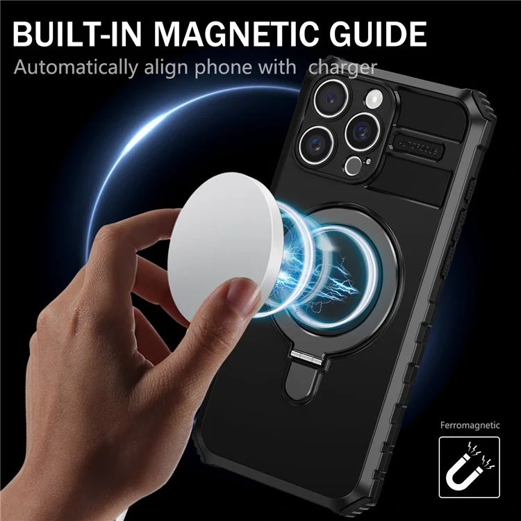 For iPhone 16 Pro Max Magnetic Case Ring Kickstand PC+TPU Drop-Proof Protective Cover - Black