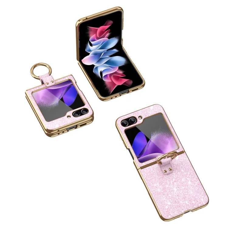 Pour Samsung Galaxy Z Flip6 5G Coque Glitter Cuir+PC Électroplaqué Housse de Téléphone Bague Support - Rose