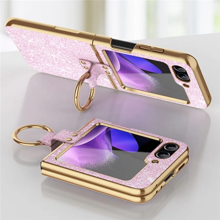 Pour Samsung Galaxy Z Flip6 5G Coque Glitter Cuir+PC Électroplaqué Housse de Téléphone Bague Support - Rose