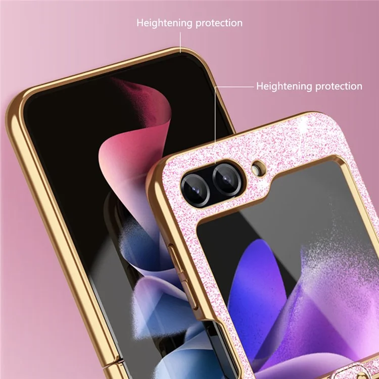 Pour Samsung Galaxy Z Flip6 5G Coque Glitter Cuir+PC Électroplaqué Housse de Téléphone Bague Support - Rose