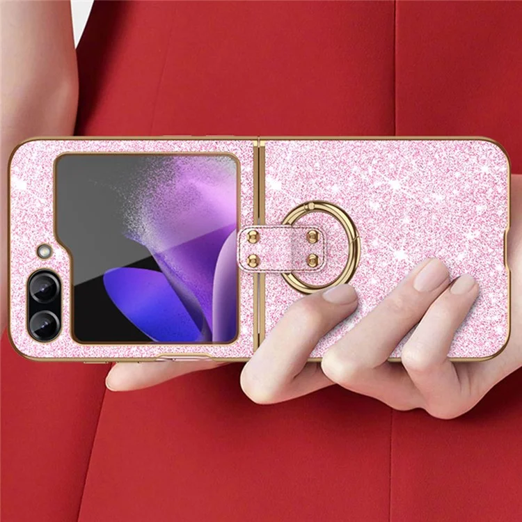 Pour Samsung Galaxy Z Flip6 5G Coque Glitter Cuir+PC Électroplaqué Housse de Téléphone Bague Support - Rose