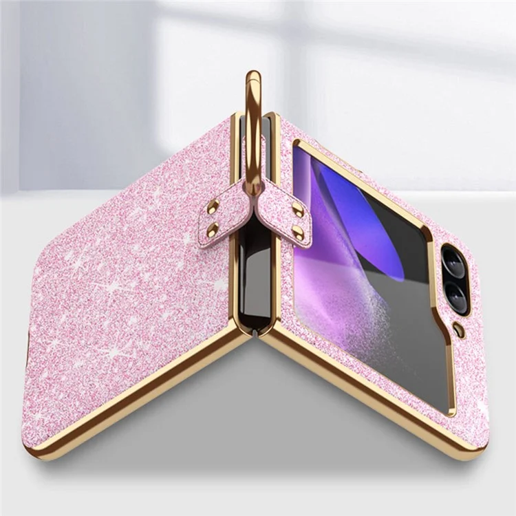Für Samsung Galaxy Z Flip5 5G Case PU Leder+PC Glitzer Handyhülle mit Ringhalter - Pink