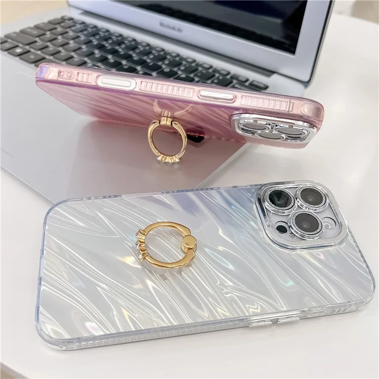 Custodia per iPhone 16 Pro Max Ring Holder PC+TPU IMD Cover Telefono con Pellicola Obiettivo - Motivo a Onde / Viola