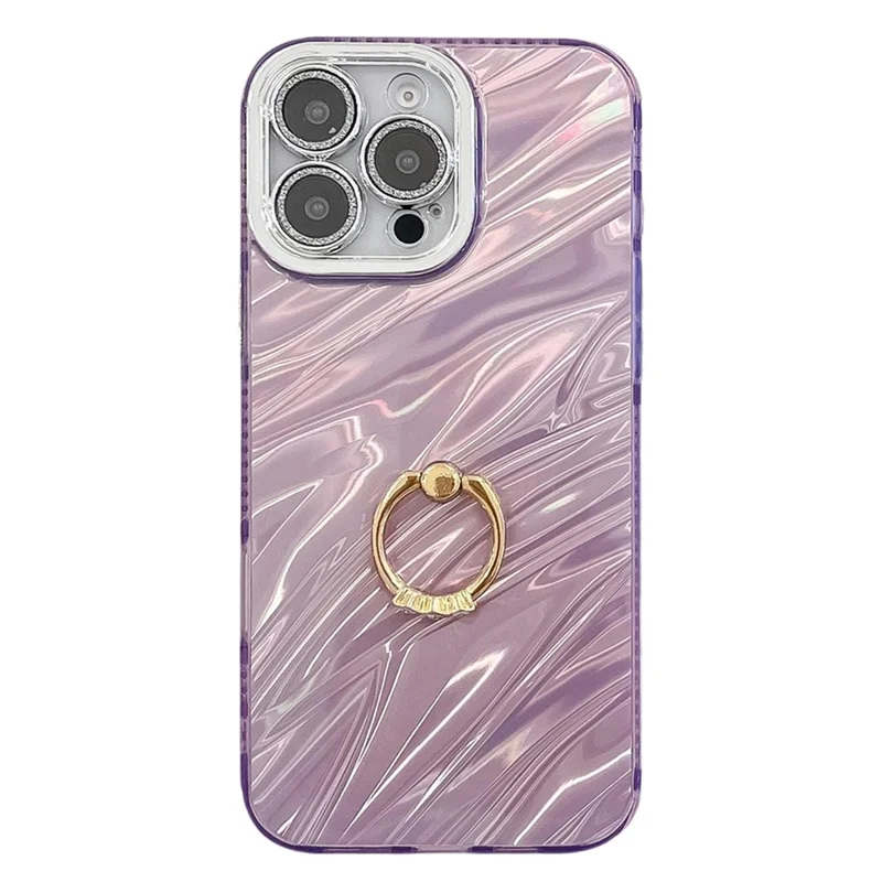 For iPhone 16 Pro Case with Lens Film IMD Anti-Scratch PC+TPU Phone Cover Ring Holder Kickstand - Ripple Pattern / Purple