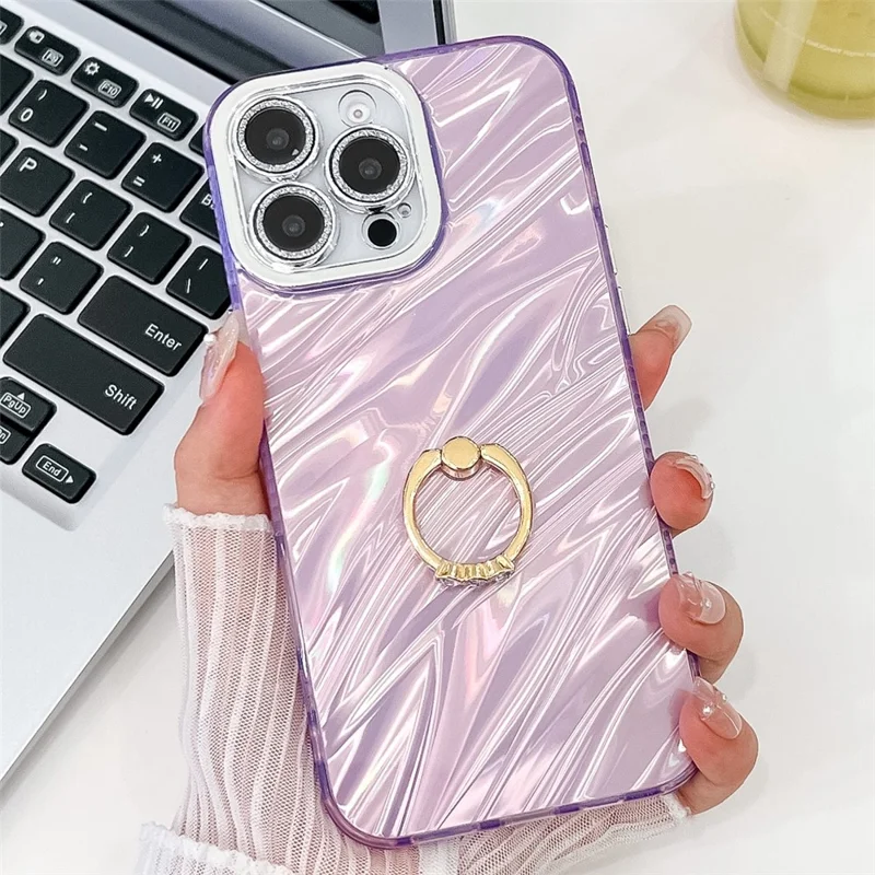 For iPhone 16 Pro Case with Lens Film IMD Anti-Scratch PC+TPU Phone Cover Ring Holder Kickstand - Ripple Pattern / Purple