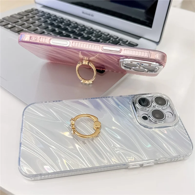 For iPhone 16 Pro Case with Lens Film IMD Anti-Scratch PC+TPU Phone Cover Ring Holder Kickstand - Ripple Pattern / Purple