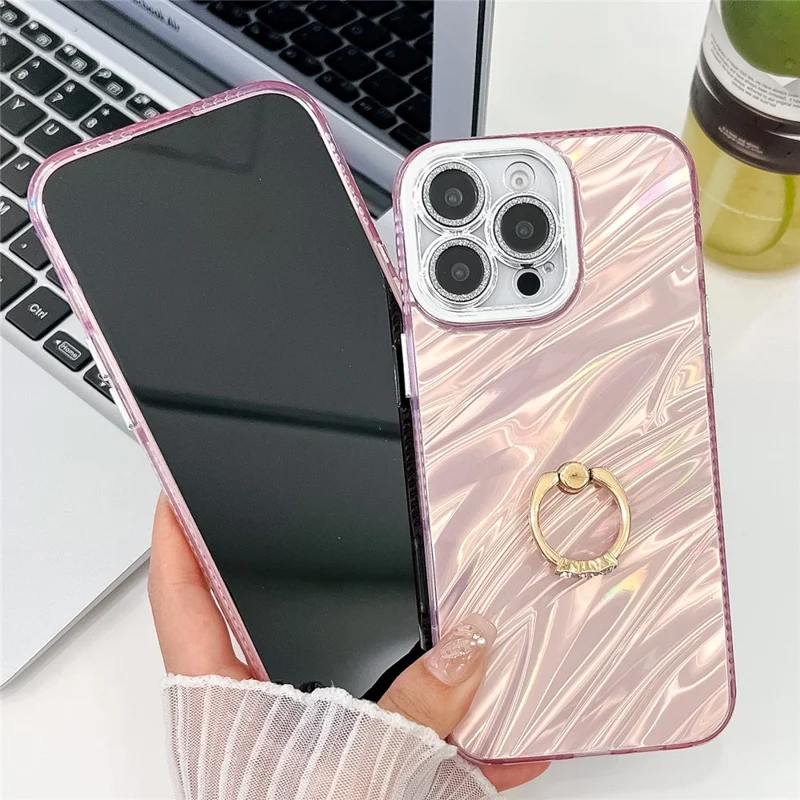 For iPhone 16 Pro Case with Lens Film IMD Anti-Scratch PC+TPU Phone Cover Ring Holder Kickstand - Ripple Pattern / Purple
