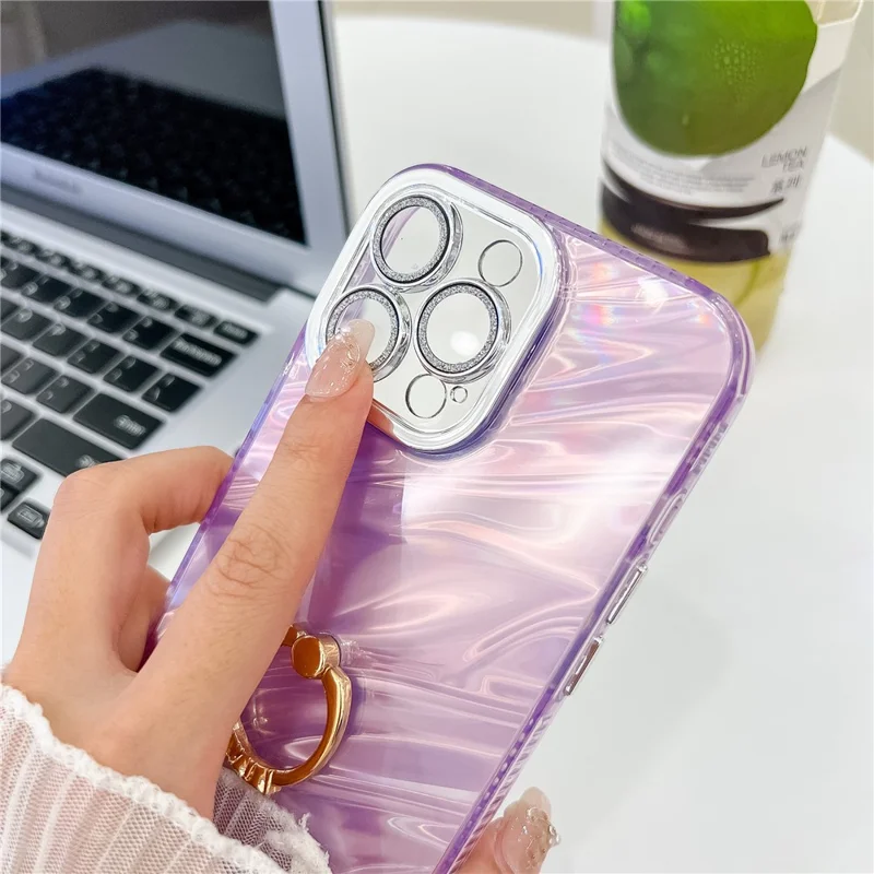 For iPhone 16 Pro Case with Lens Film IMD Anti-Scratch PC+TPU Phone Cover Ring Holder Kickstand - Ripple Pattern / Purple