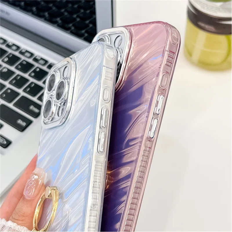 For iPhone 16 Pro Case with Lens Film IMD Anti-Scratch PC+TPU Phone Cover Ring Holder Kickstand - Ripple Pattern / Purple