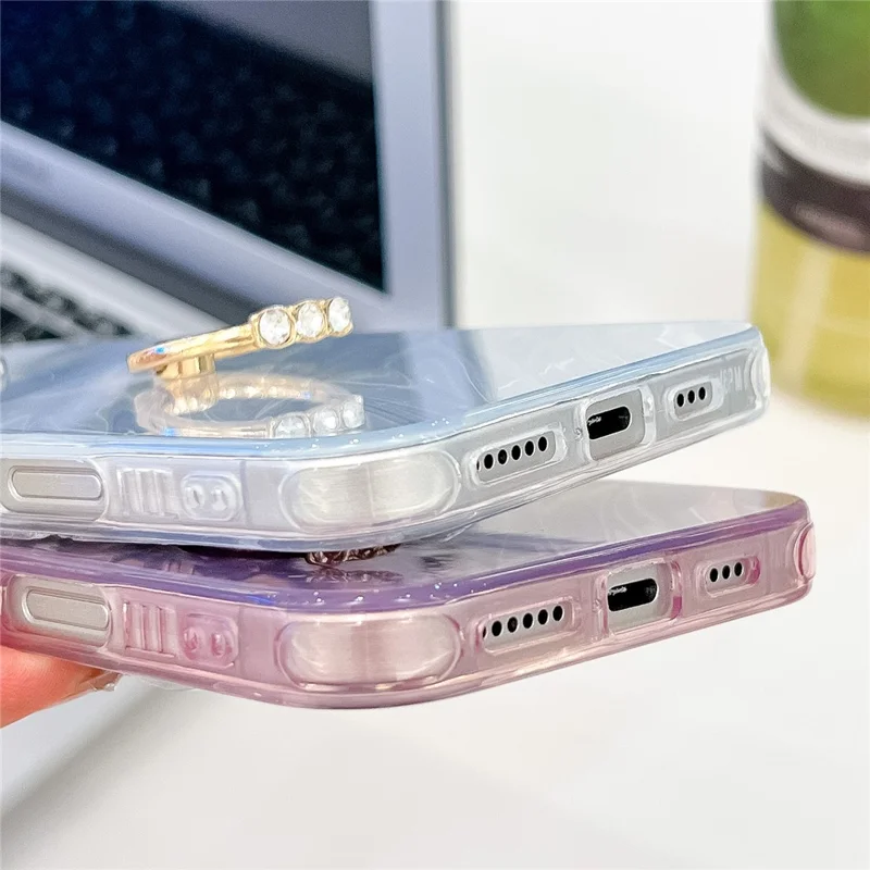 For iPhone 16 Pro Case with Lens Film IMD Anti-Scratch PC+TPU Phone Cover Ring Holder Kickstand - Ripple Pattern / Purple