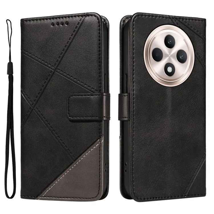 Per Oppo Reno12 F 4G Case Custodia in Pelle Linea Geometrica Cover Porta Carte Cinturino da Polso - Nero