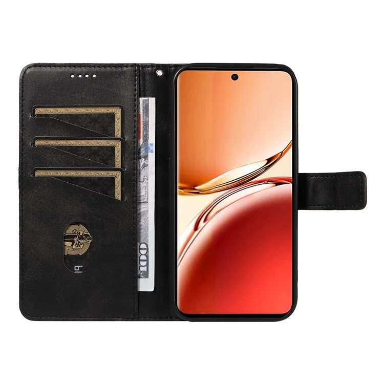 Per Oppo Reno12 F 4G Case Custodia in Pelle Linea Geometrica Cover Porta Carte Cinturino da Polso - Nero