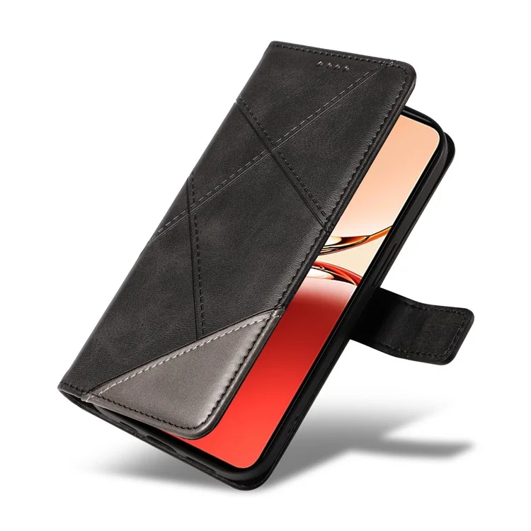 Per Oppo Reno12 F 4G Case Custodia in Pelle Linea Geometrica Cover Porta Carte Cinturino da Polso - Nero