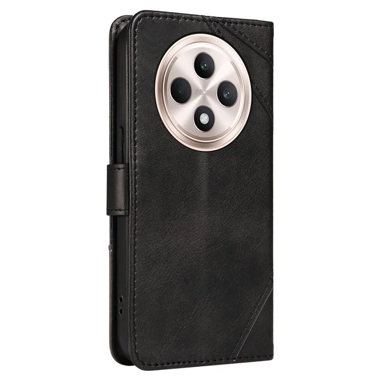 Per Oppo Reno12 F 4G Case Custodia in Pelle Linea Geometrica Cover Porta Carte Cinturino da Polso - Nero