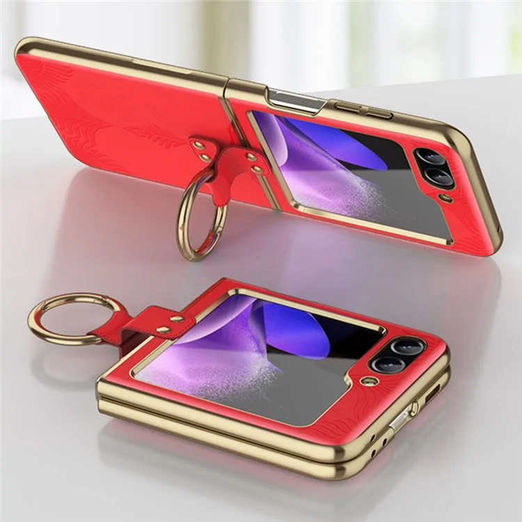 Pour Samsung Galaxy Z Flip5 5G Coque Bague Support Anti-chute Cuir+PC Housse de Téléphone Texture Nappa - Rouge