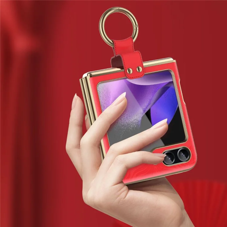 Pour Samsung Galaxy Z Flip5 5G Coque Bague Support Anti-chute Cuir+PC Housse de Téléphone Texture Nappa - Rouge