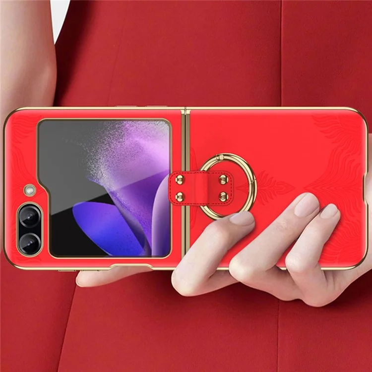Pour Samsung Galaxy Z Flip5 5G Coque Bague Support Anti-chute Cuir+PC Housse de Téléphone Texture Nappa - Rouge