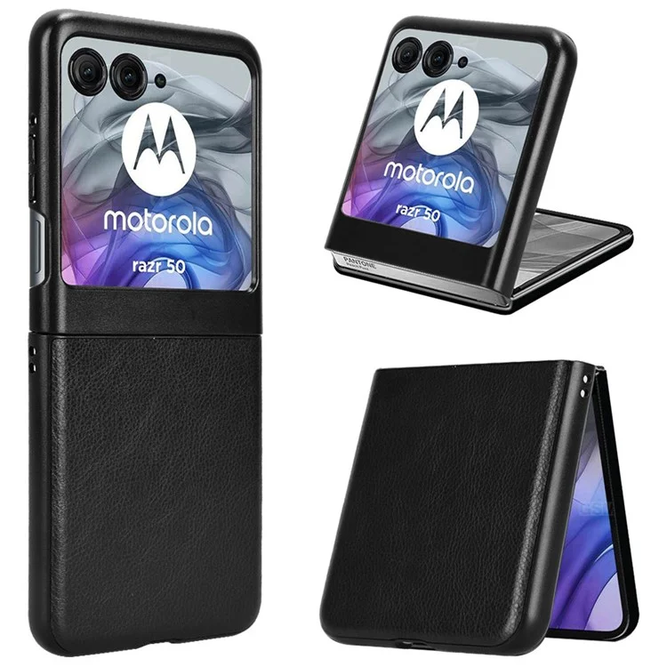 Per Motorola Razr 50 5G Case Litchi Texture PU Leather Coated Hard PC Phone Cover - Nero