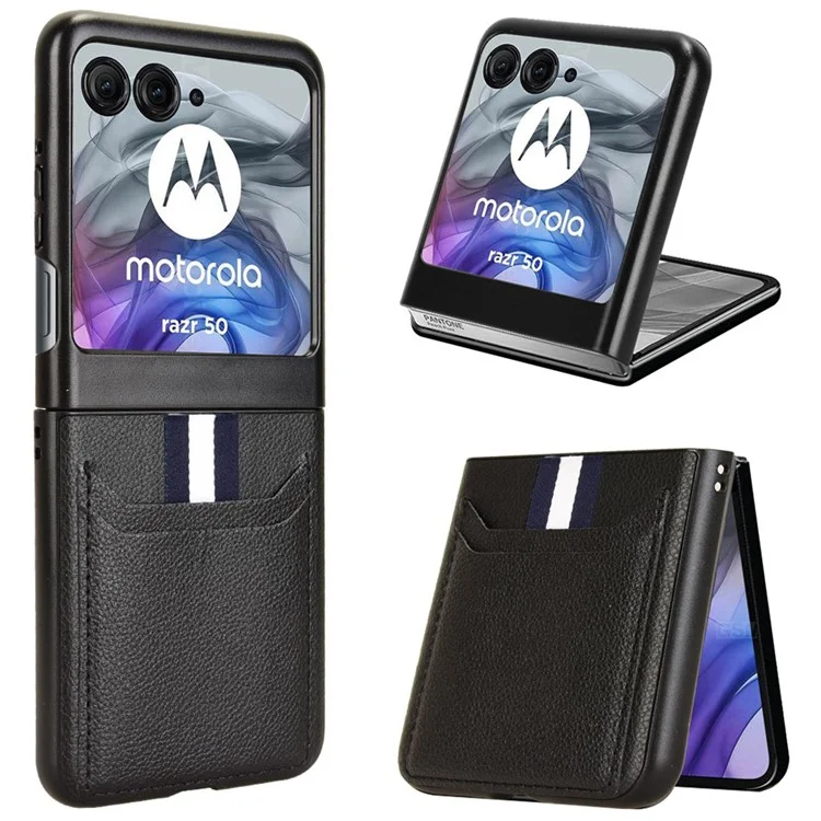 Для Motorola Razr 50 5G Чехол с текстурой личи Кожа+ПК Чехол для телефона с двумя слотами для карт - Черный