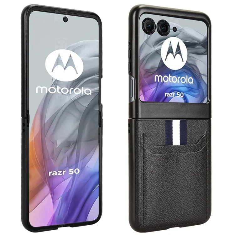 Для Motorola Razr 50 5G Чехол с текстурой личи Кожа+ПК Чехол для телефона с двумя слотами для карт - Черный