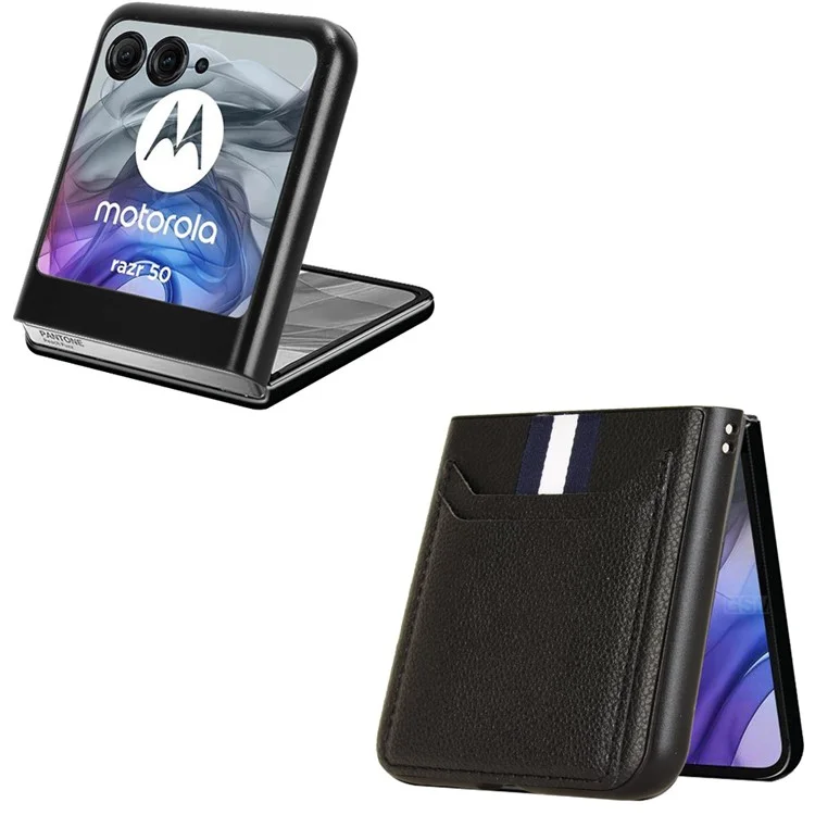 Для Motorola Razr 50 5G Чехол с текстурой личи Кожа+ПК Чехол для телефона с двумя слотами для карт - Черный