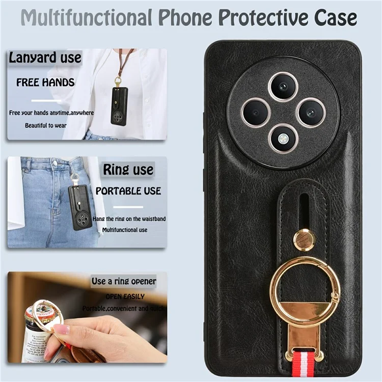 Para Oppo Reno12 F 4G Case Wristband Kickstand Leather+PC+TPU Phone Cover with Bottle Opener - Preto