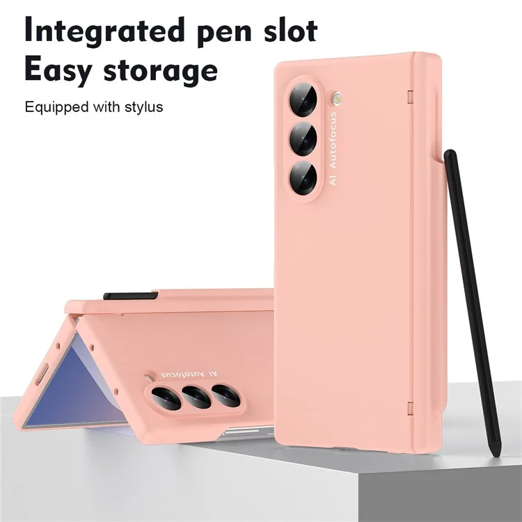 Macaron Series For Samsung Galaxy Z Fold6 5G Case PU Leather+PC Protective Phone Cover with Stylus - Pink
