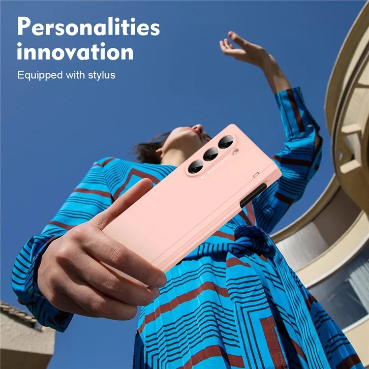 Macaron Series For Samsung Galaxy Z Fold6 5G Case PU Leather+PC Protective Phone Cover with Stylus - Pink