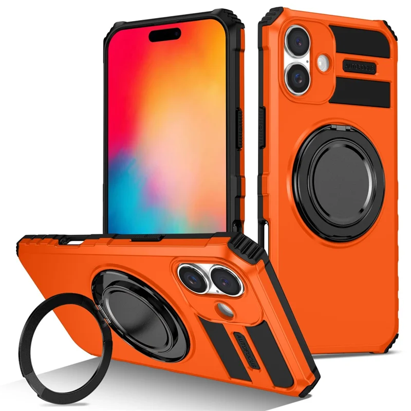 Custodia per iPhone 16 compatibile con MagSafe Rotary Kickstand Anti-Drop TPU+PC Cover per telefono - Arancione