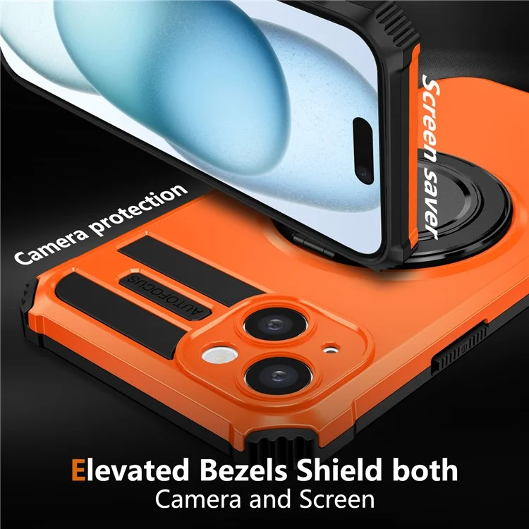 For iPhone 15 Case Compatible with MagSafe Rotary Kickstand Anti-Drop TPU+PC Phone Cover - Orange