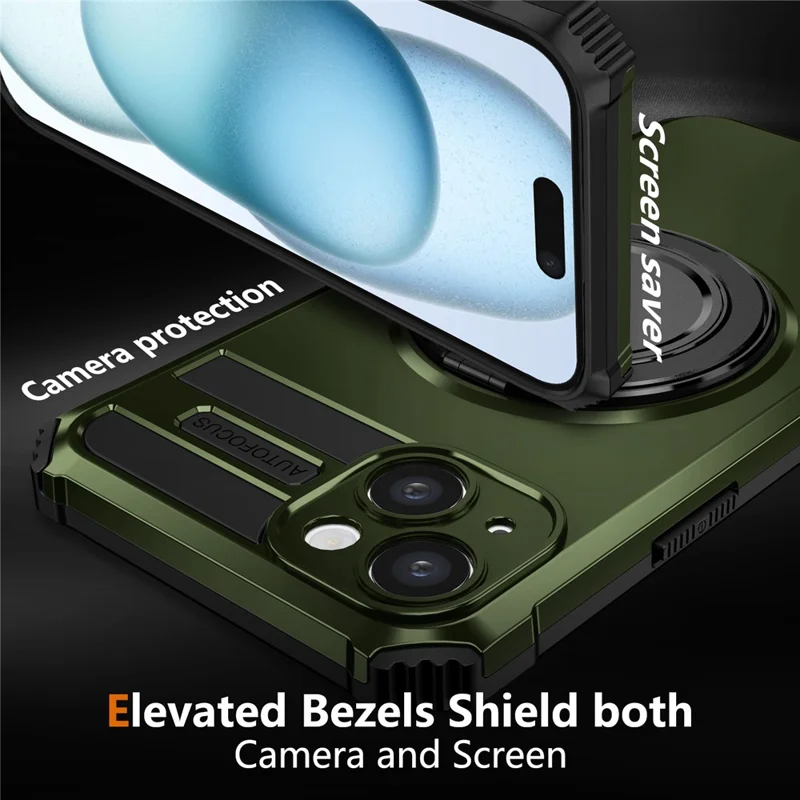 For iPhone 13 Case Compatible with MagSafe Rotary Kickstand Anti-Drop TPU+PC Phone Cover - Blackish Green