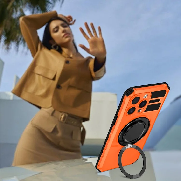 For iPhone 15 Pro Case Compatible with MagSafe Rotary Kickstand Anti-Drop TPU+PC Phone Cover - Orange