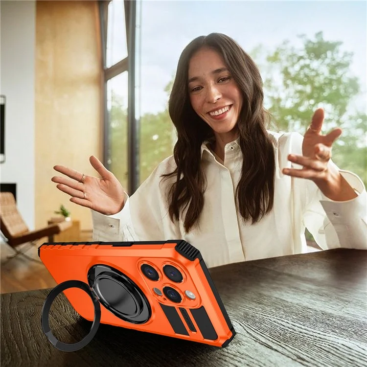 For iPhone 15 Pro Max Case Compatible with MagSafe Rotary Kickstand Anti-Drop TPU+PC Phone Cover - Orange
