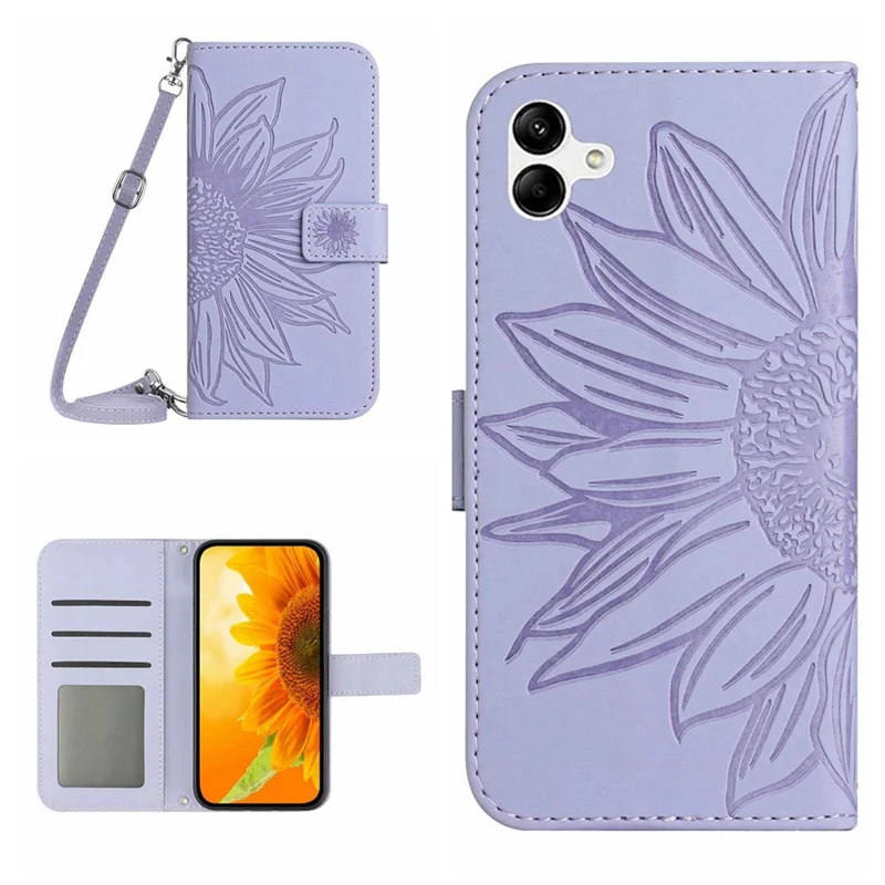 HT04 Funda de cuero PU con estampado de girasol y correa larga para Samsung Galaxy A06 - Verde claro