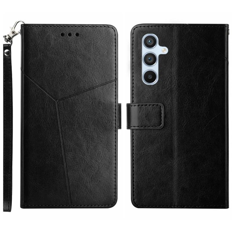 For Samsung Galaxy A16 5G / A16 4G Case with Wrist Strap Y Shaped Lines Imprint Leather Phone Cover - Black