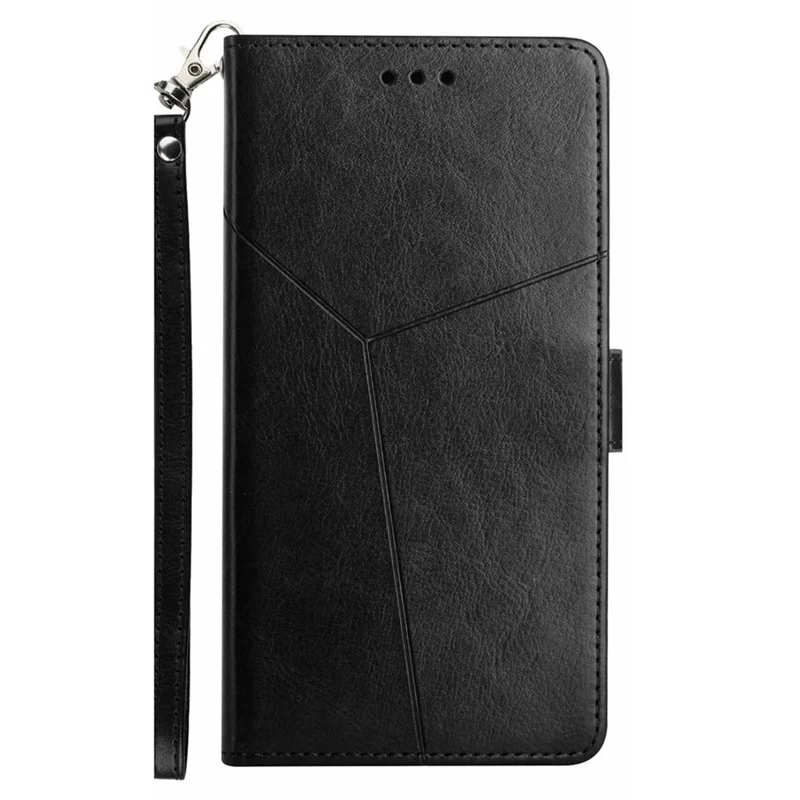 For Samsung Galaxy A16 5G / A16 4G Case with Wrist Strap Y Shaped Lines Imprint Leather Phone Cover - Black