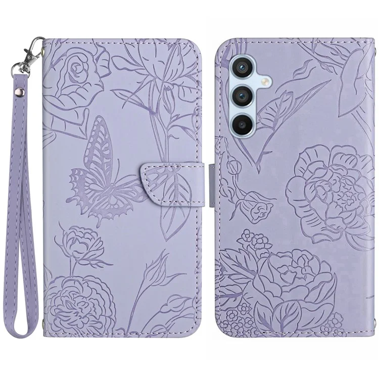 HT03 For Samsung Galaxy A16 5G / A16 4G Phone Case Butterfly Flower Imprint Leather Cover with Strap - Purple
