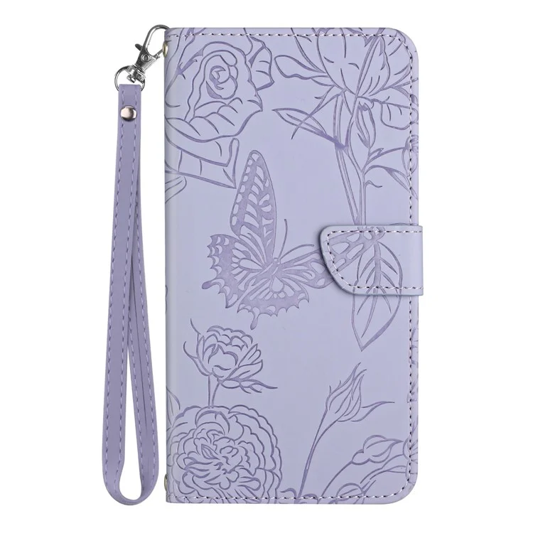 HT03 For Samsung Galaxy A16 5G / A16 4G Phone Case Butterfly Flower Imprint Leather Cover with Strap - Purple