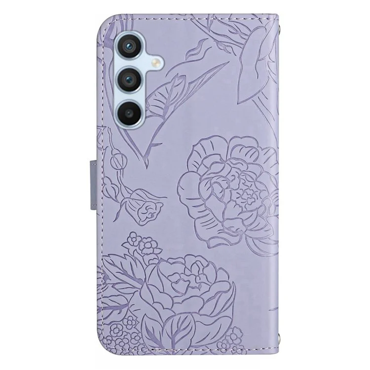 HT03 For Samsung Galaxy A16 5G / A16 4G Phone Case Butterfly Flower Imprint Leather Cover with Strap - Purple
