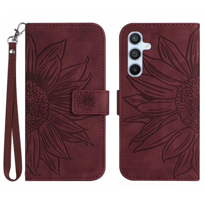 HT04 For Samsung Galaxy A16 5G / A16 4G Wallet Case Sunflower Leather Phone Cover with Wrist Strap - Wine Red