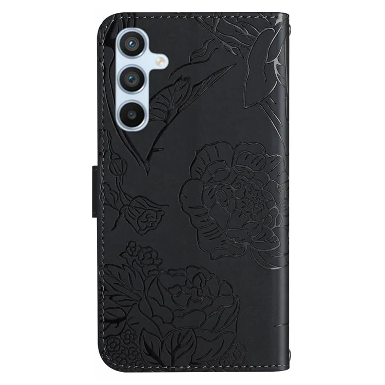 HT03 Para Samsung Galaxy A16 5G / A16 4G Case Anti-Drop Leather Phone Cover Butterfly Flower Imprint - Black