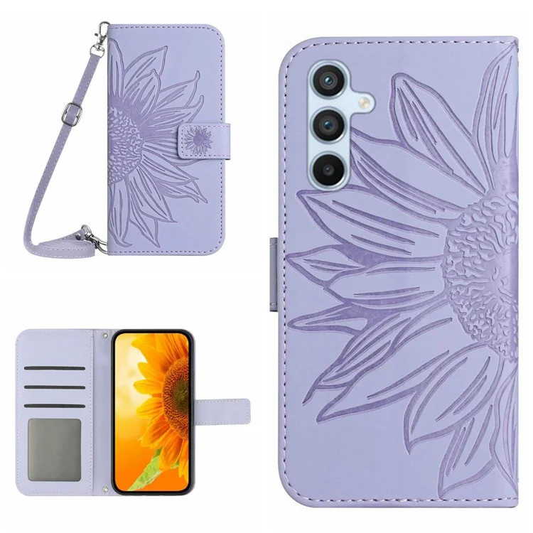 HT04 para Samsung Galaxy A16 5G / A16 4G Funda Sunflower Imprint PU Leather Phone Cover con Correa Larga - Light Purple