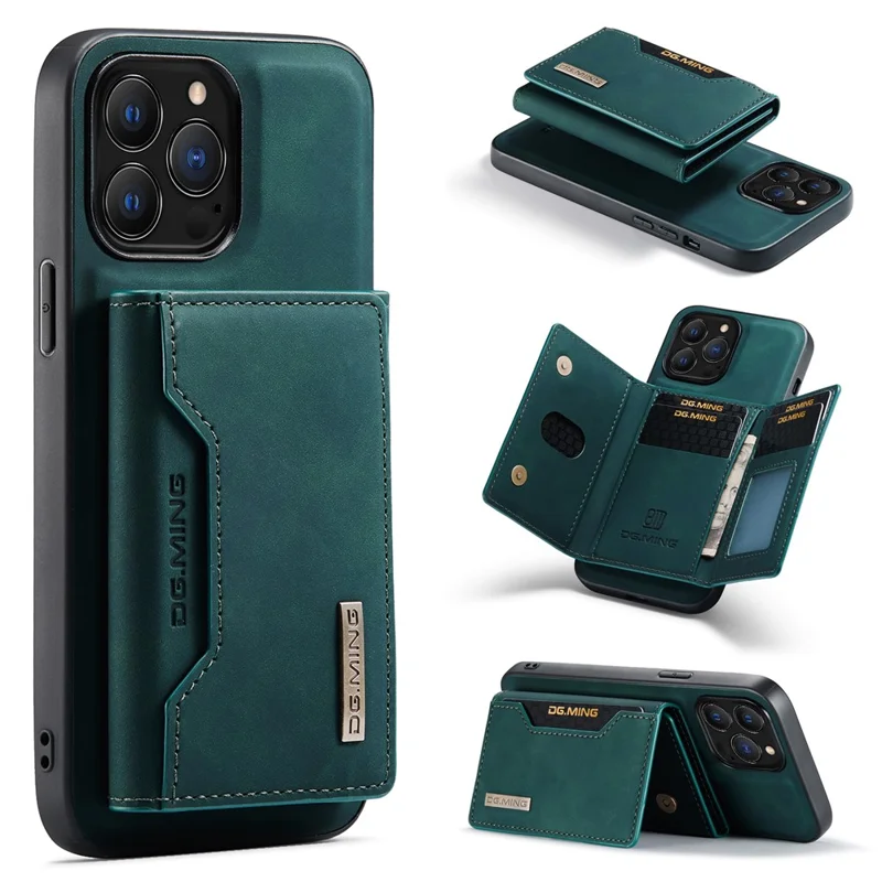 DG.MING M2 Série pour iPhone 16 Pro Max Case PU+PC+TPU Phone Cover Détachable Portefeuille - Vert