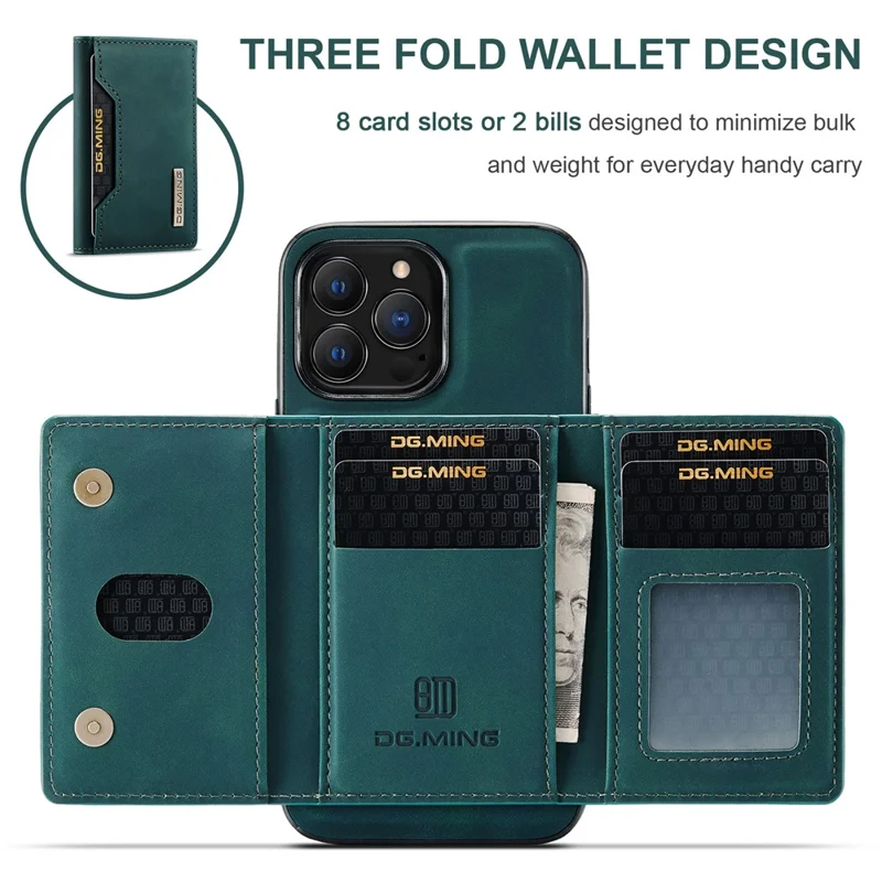 DG.MING M2 Série pour iPhone 16 Pro Max Case PU+PC+TPU Phone Cover Détachable Portefeuille - Vert